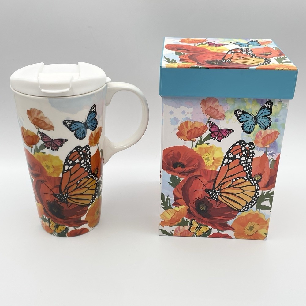 Evergreen Monarch Butterfly &‎ Friends 17 Oz Ceramic Travel Mug Lid Gift Box